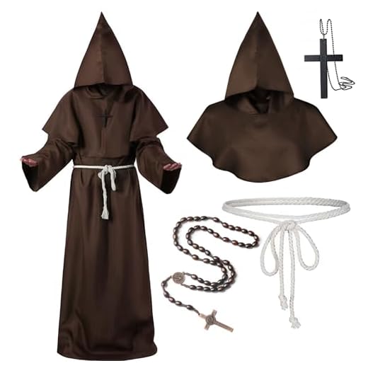 Disfraz de Monje Sacerdote Traje con Capucha Túnica Medieval Disfraces Cosplay de Halloween Carnaval Cosplay para Adultos (Marrón, XL)