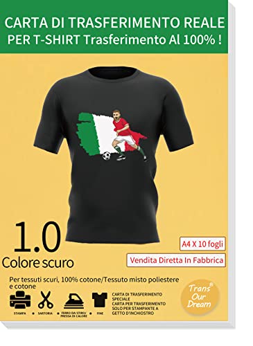 TransOurDream Carta per trasferimento a Getto d'inchiostro Reale,Carta termoadesiva per Tessuti Scuri, Non Stampa a Specchio, Fogli DIN A4X10, Carta per Magliette a Colore: Scuro(I-3-5.0-10)