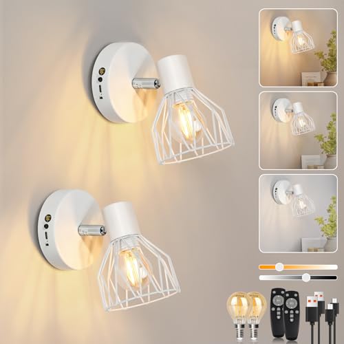Dehobo Aplique de Pared Interior a Pilas, Lampara de Pared LED Sin Cables, Apliques Dormitorio con Luz Regulable Bombilla con 3 Temperaturas de Color, Mando para Salón, Pasillo 2 Piezas
