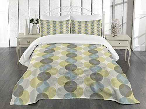 Lunarable Circle Bedspread, Flower Of Life Design Vintage Fifties Midcentury Atomic Art Movement Inspired, Decorative Quilted 3 Piece Coverlet Set With 2 Pillow Shams, King Size, Sepia Beige #TOP1