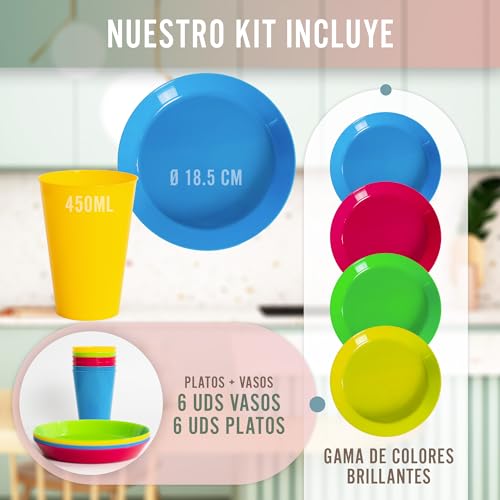 Mypicompany Camping geschirr Set für 6 Personen: 6 Plastikteller Mehrweg+6 Becher Plastik, Spülmaschinen- und Mikrowellenfest, in leuchtenden Farben - Ideal für Garten und Schwimmbad