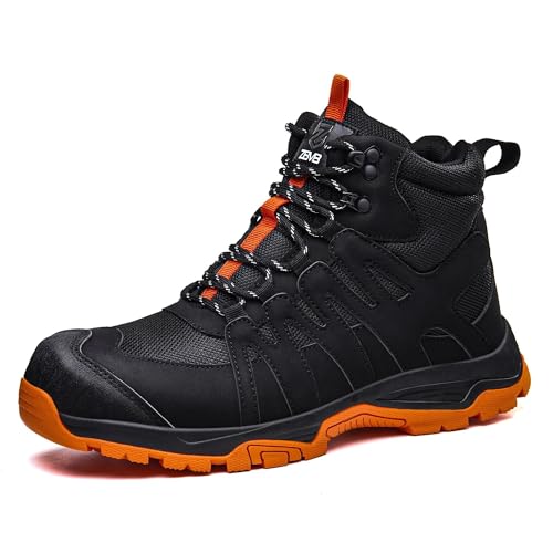 ZBVB Steel Toe Boots for Men - Non Slip Work Boots Women - Lightweight Shock-Absorbing Comfort Safety Shoes - Ideal for Construction Warehouse Factories - Black-Women Size 7.5 & Men Size 6