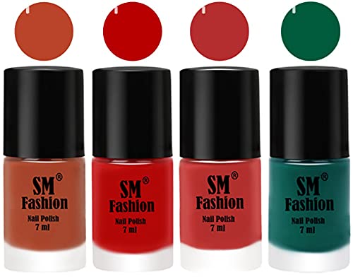 Image of Nail Polish Combo Set (Pack of 4) Quick Dry Gel Finish Nail Paint | Light Coral,Red,Coral Pink ,Green | 7 ml Each