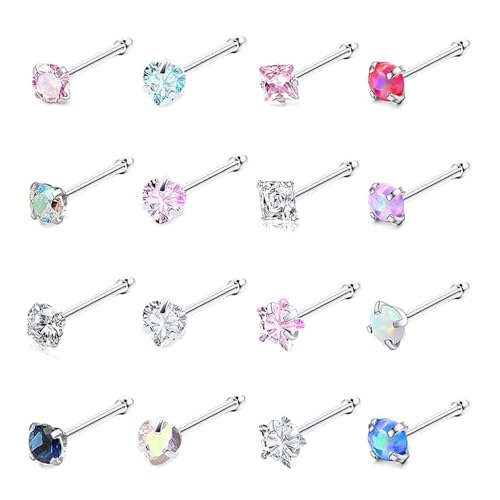 Nose Rings Studs for Women 16Pcs 18g/20g Nose Studs Hypoallergenic 316L Surgical Steel Nose Piercings Jewelry 3mm CZ & Opal Nose Ring L Shape Nose Stud 20 Gauge Nose Screw Studs