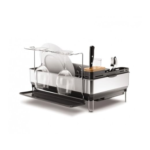 simplehuman Kitchen Steel Frame Dish Rack With Swivel Spout, Fingerprint-Proof Stainless Steel Frame, Grey Plastic