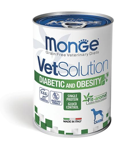 Monge Diabetic Obesity Umido Cane All Breeds,alimento completo per cani di tutte le taglie per la riduzione dell’eccesso di peso corporeo e controllo del diabete | 6 scatolette da 400 grammi l’una.