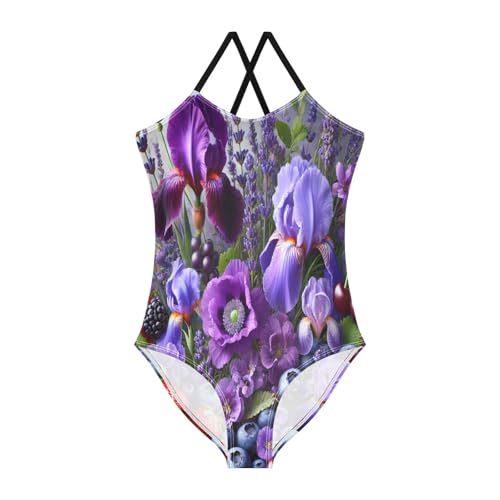 Purple Flowers Berries Swimsuit for Girls Bathing Suit Swimwear Swimsuits Summer Beach One Piece