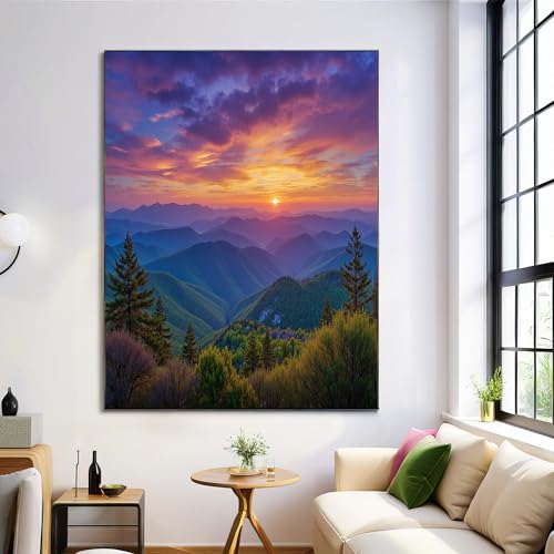 Lienzo de montañas al atardecer para salón y baño, póster artístico de 70x100 cm azul naranja