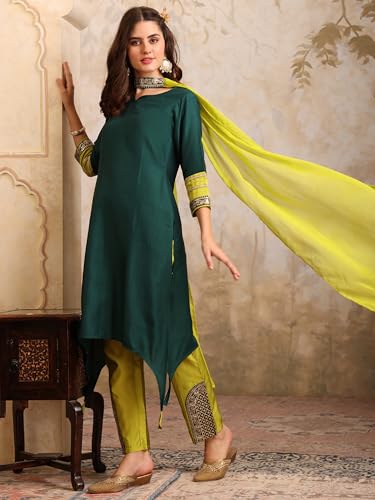 Image of EthnicJunction Women's Cotton Silk Embroidered Asymmetric Kurta Pant with Choker Dupatta Set | Wedding Outfit | Heavy | Kurta Set | Ethnic Set