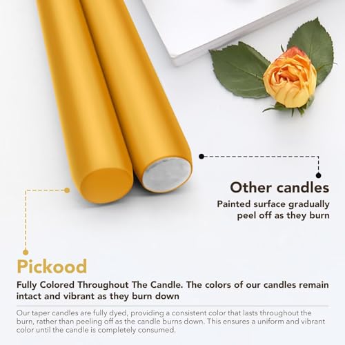 Pickood New Burning Formula Unscented Dripless 12-Inch Taper Candles Set of 12 - Spicy Mustard, for Wedding, Dinner - Smokeless, Long Burning - Hand Poured, Colored Tall Candlesticks - Mostaza Picante by pickood - Image 3