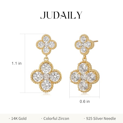14K Gold Plated Double Plum Blossom Dangle Birthstone Four Leaf Clover Stud Earrings for Women, Hypoallergenic Drop Trendy Dainty Gold Earrings Birthday Gifts3