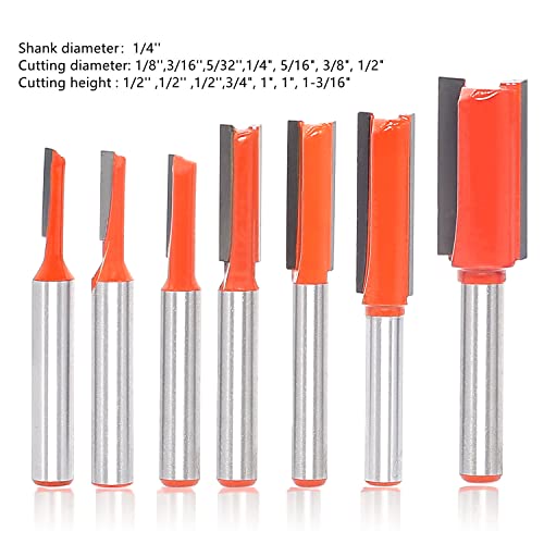 Double Flute Straight Bit, 7Pcs Straight Cut Router Bits, 1/4 Inch Shank, Cutting Height In 1/2'',1/2'',1/2'',3/4'',1-3/16'',1'',1'' #TOP1