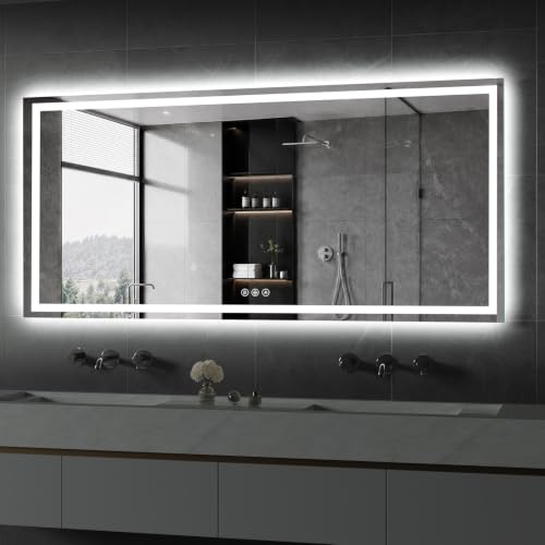 Image of Koonmi 60x28 LED Bathroom Mirror with Light, Anti-Fog, 3 Colors | Backlit + Front Lit, Dimmable Brightness, Shatterproof HD Distortion-Free Tempered Glass, Hardware Included