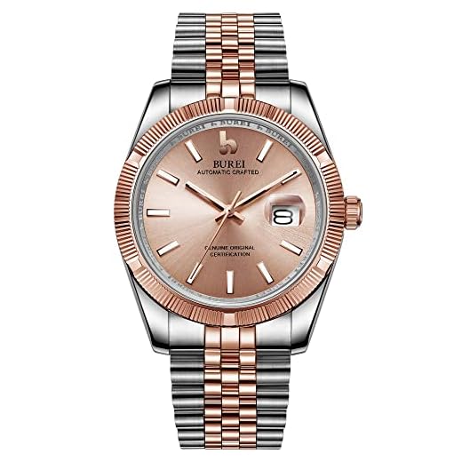 BUREI Automatik Uhr Herren Armbanduhr wasserdichte Herrenuhren Luxus Mechanische Uhr mit Silber Edelstahlband Roségold