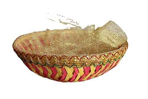 Image of Bamboo Multipurpose Round Shape Designer with net Room Wedding Gift Packing Gift Packing Basket (Set of 2) (24X24X8 cm)