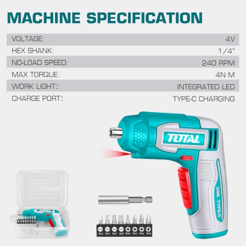Image of TOTAL 4V Cordless Screwdriver, 4Nm Torque, 240RPM, 8 Cr-V Bits | Integrated LED Work Light, 1 /4 Inch Hex Shank, Type-C Charging, Bit Holder, Connector and Carrying Case
