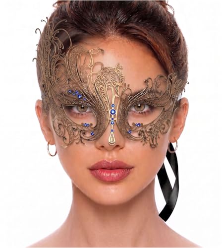 Image of Metal Filigree Masquerade Mask for Women - Swan Style Mask with Rhinestones for Mardi Gras, Prom, Halloween & Venetian Party