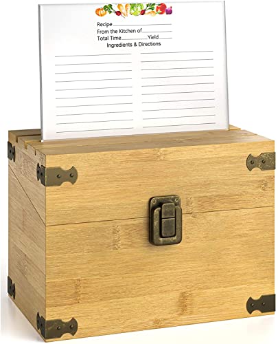 Zen Earth Premium Kitchen Recipe Box -Luxury Handcrafted Bamboo Wood Recipe Case With Card Holder Grooves -Great For 200+ 4x6" Recipe & Index Cards -50 Recipe Cards & 1 Clear Card Frame Included!