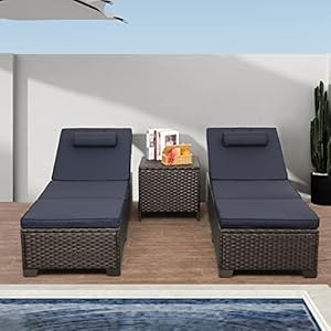 Outdoor PE Wicker Chaise Lounge Set, Patio Lounge Chairs, Outside Poolside Lounger Furniture Set of 3, Brown Rattan Recliners with Adjustable Backrest, Navy Blue Cushions, and Storage Table Outdoor PE Wicker Chaise Lounge Set Patio Lounge Chairs Outside Poolside Lounger Furniture Set of 3 Brown Rattan Recliners with Adjustable Backrest Navy Blue Cushions and Storage Table