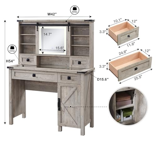 T4TREAM Farmhouse Makeup Vanity Desk with Sliding Mirror and Lights, 42'' Glass Tabletop Vanity Table with 2 Drawers & Shelves, Rustic Big Vanity Set for Bedroom, Light Rustic Oak