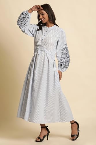 Image of W for Woman W Women White Striped Print Cotton A-Line Dress