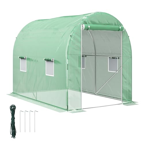 Outsunny Invernadero de Túnel 298x197x189 cm Invernadero de Jardín con 4 Ventanas Puerta Enrollable Estructura Metálica Galvanizado Cubierta PE 140g/m² para Flores Cultivos Plantas Verde