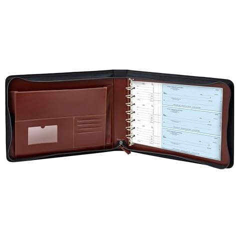 GALLAWAY LEATHER 7 Ring Checkbook Binder for Business Checks, PU Leather Check Binder Portfolio with Zipper,600 Checks Capacity,for Executive and Personal Use (Dark Brown) Cover