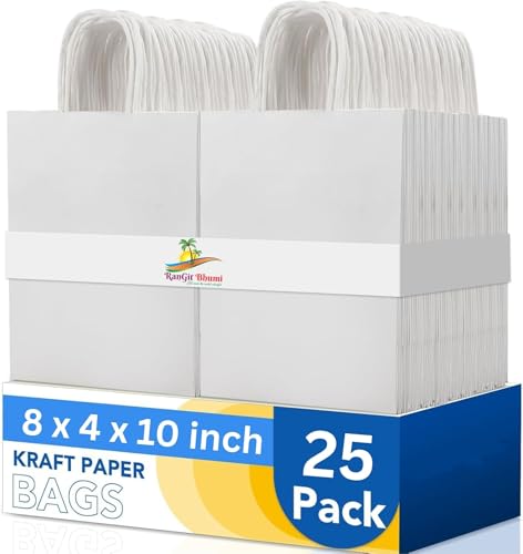 Image of RanGit Bhumi Gift Bags- 25pcs 8x10x4 inch White Paper Bags for Return Gift Shopping Retail Paper Carry Bags, Small Party Favor gifting Covers, Disposable, Recyclable (8x10x4 in White, Pack of 25)
