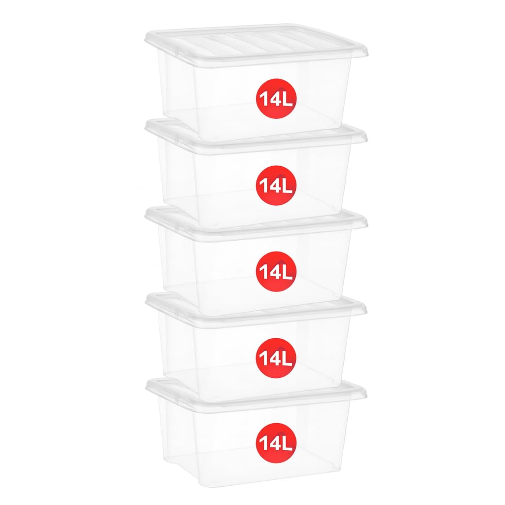 Marco Paul Interiors White/Clear Marco Paul 5 Pack 14L Storage Boxes With Lids Plastic Storage Containers Stackable Storage Bins Nestable Storage Organiser For Clothes Toys Kitchen Cupboard Garage Home