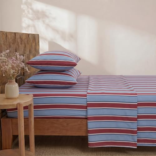 Image of Merryword 100% Cotton Sheet Set Full Size - Burgundy and Blue Striped Bedding, Soft Breathable Percale Weave, Deep Pocket Fitted Sheet 17.5 inch, Luxury & Silky Soft Sheet Set for All Seasons
