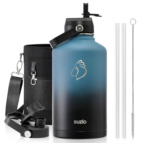 BUZIO Insulated Water Bottle with Straw Lid and Flex Cap 64oz Double Wall Vacuum Stainless Steel Water Thermo Wide Mouth Lid Cold for 48 Hrs Or Hot for 24 Hrs Sweat Proof Flask Indigo Crush