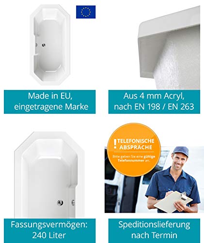 Calmwaters® Achteck Badewanne Komplettset 180 x 90 cm mit Wannenträger & Ablaufgarnitur, Acrylwanne Exclusive, Duowanne für Zwei, Badewannenset komplett 180x90, 8-Eck-Badewanne Weiß, 99000164 – Bild 4