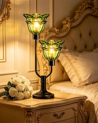 Image of Lightdot Mid Century Modern Flower Green Table Lamp for Bedroom Dimmable