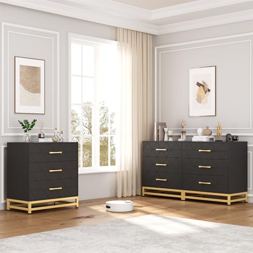 GarveeHome Wooden Dresser for Bedroom, Dressers & Chest of Drawers with 3 Drawer, Wood nightstand for Storage and Organization (Black)