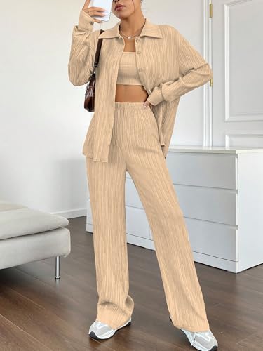 Image of Shasmi Women's 3-Piece Co-ord Set - Solid Button Front Shirt, Strapless Tube Top & Wide Leg Pants | Casual Loose Fit Western Outfit for Daily Spring /Fall Wear (Co-Ord-208)
