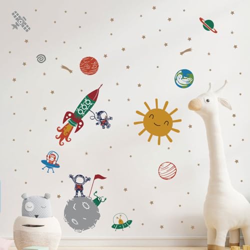 Image of Astronaut Rocket Space Wall Stickers for Kids Room Decor - Planets & Stars Wall Decals - Peel and Stick Removable Space Wall Decor for Nursery, Bedroom, Playroom - Large Size 151x118cm
