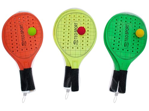 Teorema - Racchettoni in Legno da Spiaggia per Bambini e Adulti, 2 Racchette e 1 Pallina, Impugnatura Morbida, 41x21 cm, Colori Fluo Assortiti e Casuali