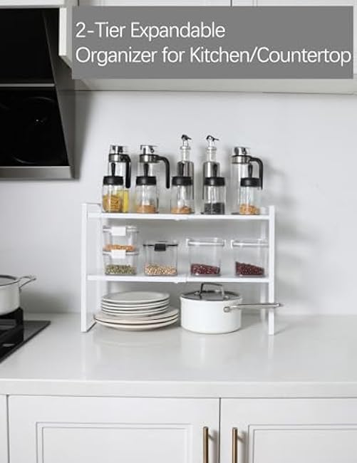 2-Tier Expandable Organizer Shelf for Kitchen Cabinet, Countertop, Pantry & Under-Sink Storage(White)