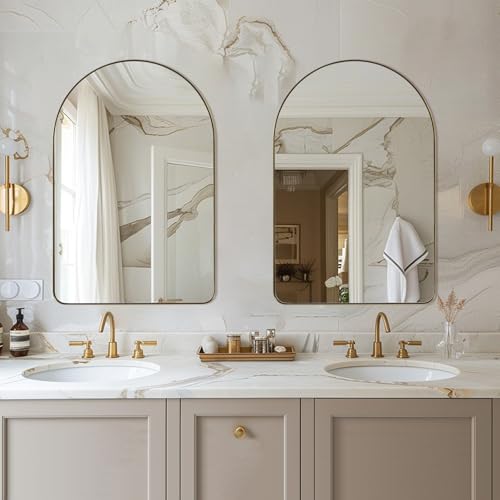 Image of ANDY STAR Arched Mirror, 24 x 36 Inch Gold Wall Mirror in Stainless Steel Metal Frame, Arch Top Rounded Corner 1 Inch Deep Set Design Wall Mount Hangs Vertical