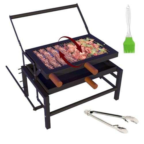 Image of COGO FLIP Large BBQ | Tongs & Oil Brush | Flipping Mechanism | Adjustable 4 Heat Levels | 17 x 22 x 19 inch | Lightweight & Strong Metal Frame | Home Charcoal Grill | Outdoor Barbeque | Colour: Black