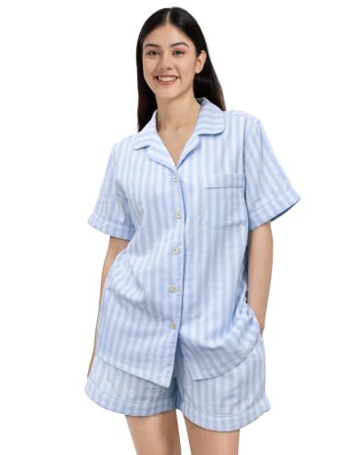 Image of Womens Muslin Pajama Sets 100% Cotton Double Gauze Linen Like Short Pjs | Breathable Soft Comfort Button Up Loungewear Sleepwear PJ Set