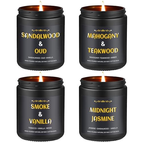 Scented Candles for Men 4 Pack Mens Candle Set 27oz Soy Wax 200 Hour Burn Time Relaxation Gifts for Men Sandalwood Oud/Mahogany Teakwood/Smoke Vanilla/Jasmine Candle Gift Set