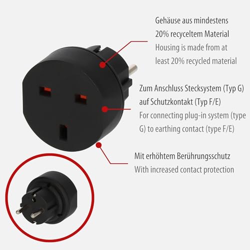 Brennenstuhl Reisestecker/Reiseadapter (Reise-Steckdosenadapter zum Anschluss elektrischer Geräte mit British Standard Stecksystem in Ländern mit Schutzkontakt Stecksystem) schwarz