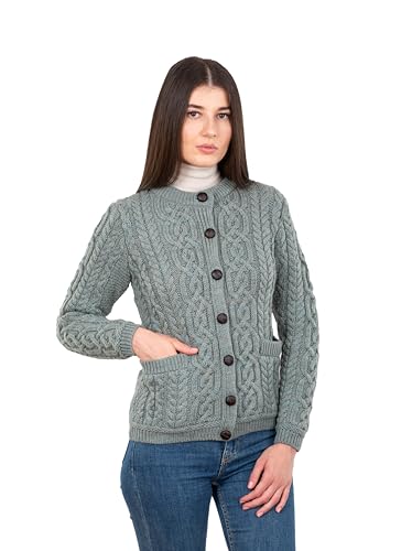 SAOL 100% Merino Wool Ladies Irish Buttons Knit Cardigan Lumber