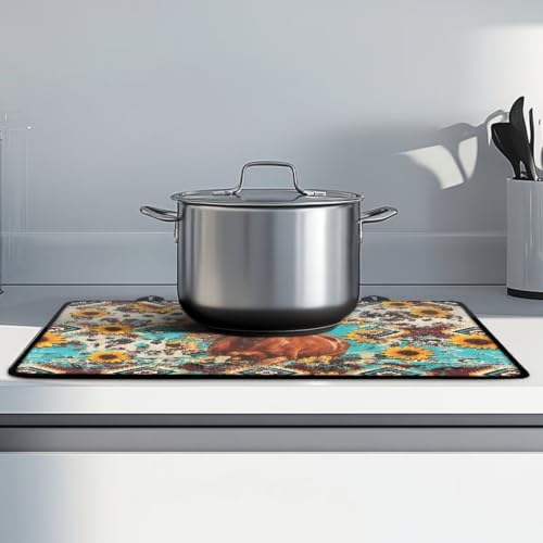 Image of Electric Stove Top Covers Heat Resistant Glass Ceramic Cooktop Cover Mat Multipurpose Kitchen Scratch Resistant Flat Top Stove Cover, 29 x 21 Inch, Horse Sunflower Aztec Print