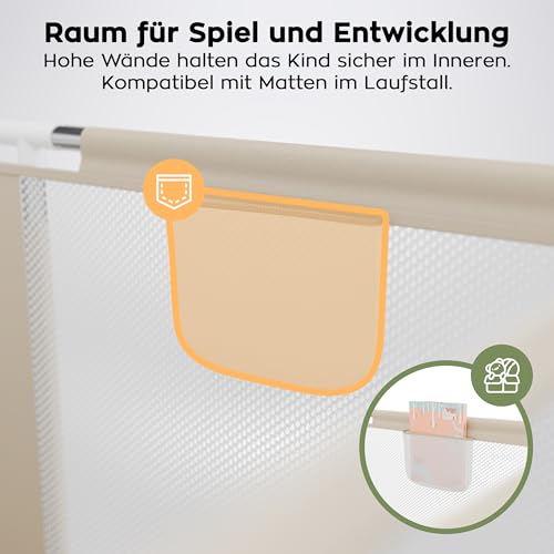 Tulano Cozy 20 Laufstall Baby 130x130 cm mit Boden – Spielgitter für Babys 6 bis 36 Monate – Tragbar Innen Außen – Faltbar – Netzwände – Metallrahmen – Kinderschutz – Reisegitter – Laufgitter – Beige