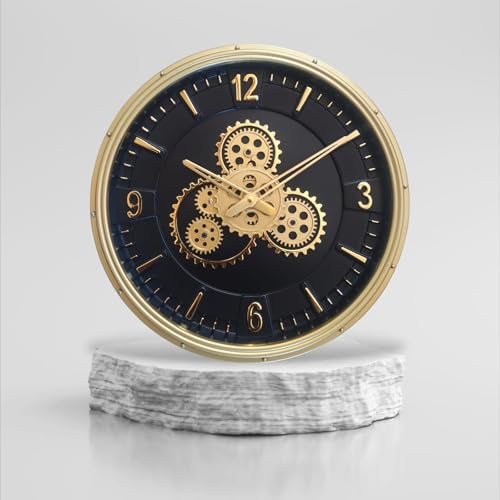 Image of Decorative Moving Gear Wall Clock, Black and Gold, Steampunk Style, Round Dial with Exposed Gears