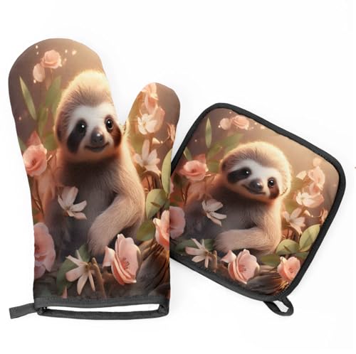 Beautiful Flower Sloth Oven Mitts Kitchen Oven Gloves for Cooking Baking Heat Proof Lining Cotton Kitchen Potholder Mittens Pot Holders Hot Pads for Chef Women Men