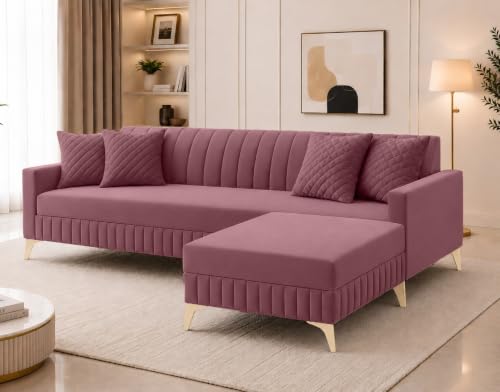 Image of AMATA Falcon 4 Seater L Shape Suede Velvet Fabric Mauve Colour Sofa Set with Two Cushions Perfect for Home Office Guests Living Room (Falcon Mauve, Falcon 4 Seater l Shape)(3 Year Warranty)