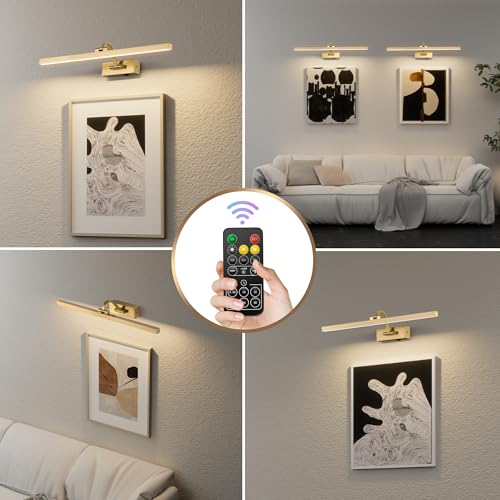 Image of Wireless Picture Lights for Wall,23.5 Inch Brass Art Light for Paintings,Battery Operated Picture Lights with Remote Control,Dimmable Rechargeable Art Lamps for Picture Frame,Gallery